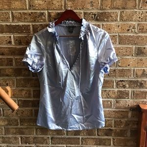 Boston studio blue satin ruffle blouse size 14
NWOT